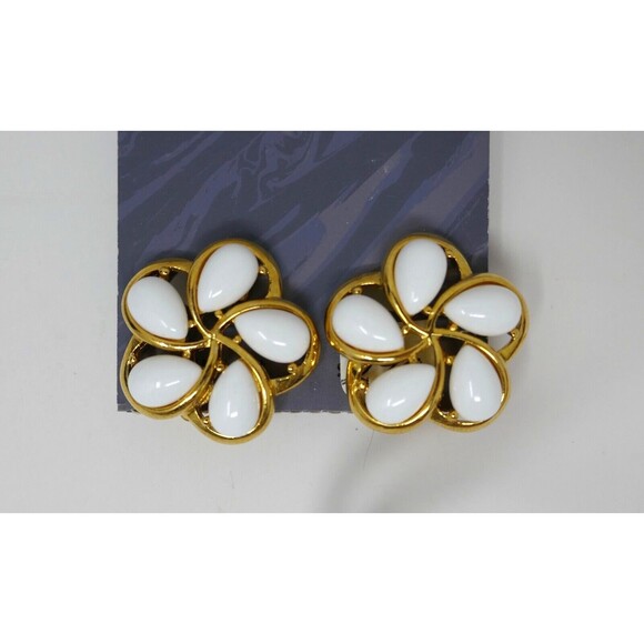 Trifari Goldtone White Cabochon Comfort Clip On Earrings - Picture 2 of 4